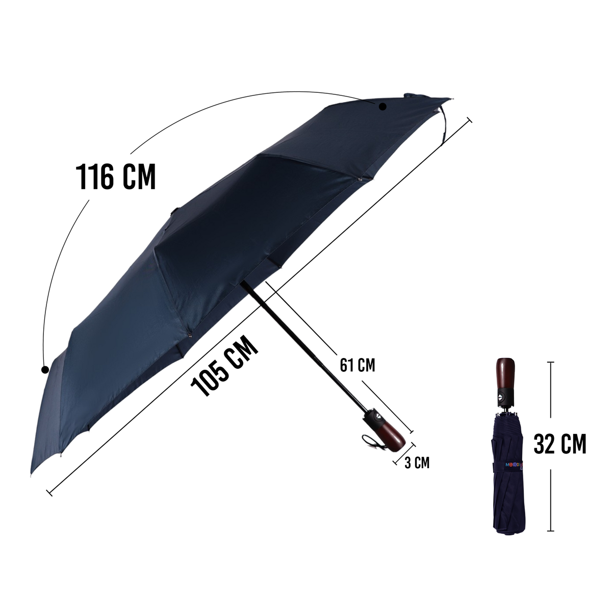 Biggdesign Moods Up Premium Wooden Handle Navy Blue Fully Automatic Umbrella - Water and Wind Resistant, Lightweight