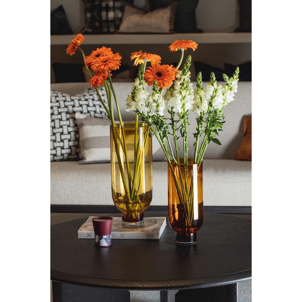 Sober modern glass vase, cylindrical shape on a solid base, warm dark orange, OMAHA14AM